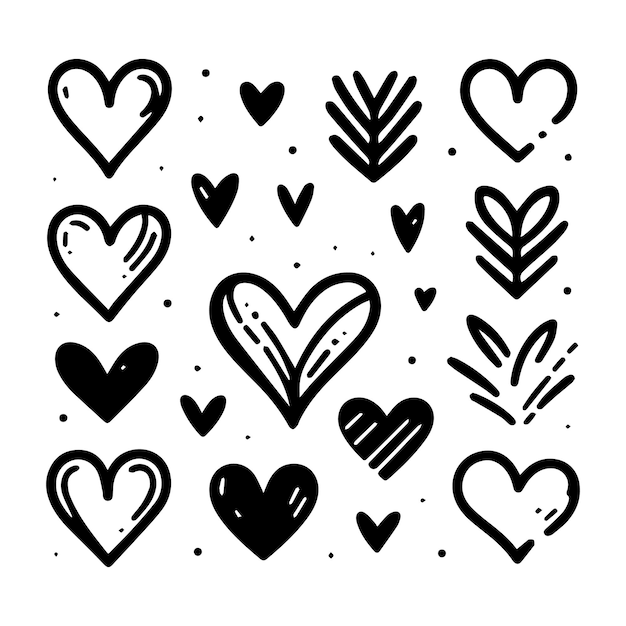 Corazones dibujados a mano sobre un fondo blanco limpio variedad de formas y tamaños