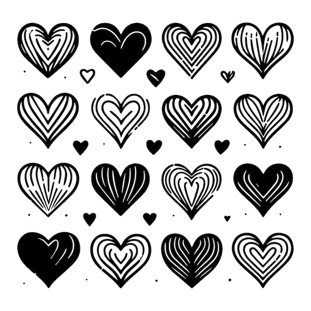 Corazones dibujados a mano sobre un fondo blanco limpio variedad de formas y tamaños