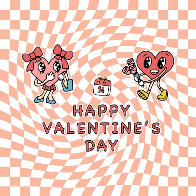 Corazones de dibujos animados lindos en fondo de estilo retro símbolos de amor lindos con caras en diferentes poses brazos y piernas emociones positivas divertidas ilustración vectorial para el día de san valentín