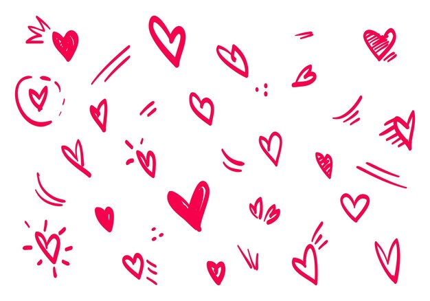 Corazones Doodle en el conjunto estilo dibujado a mano símbolo de amor ilustración vectorial