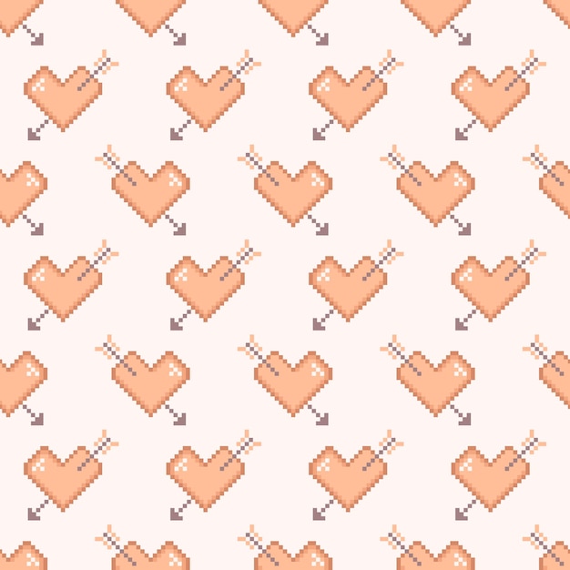 Corazones de estilo retro de píxeles con dibujo sin costura de flecha Corazones de píxeles en color fuzz de melocotón