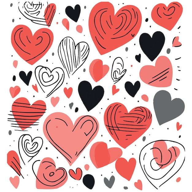 Corazones en forma de rojo Patrón de corazones de garabato divertido lindo Celebración feliz Pintura decorativa de vector
