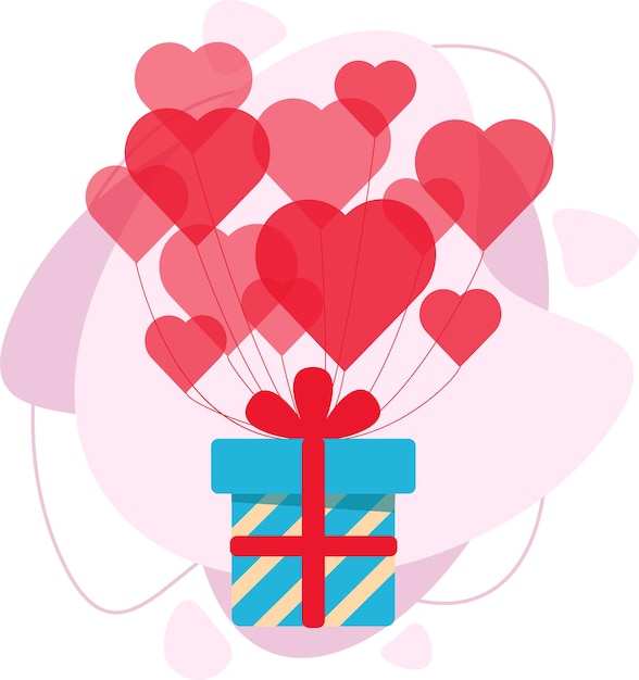 Corazones de globos. Una caja de regalo vuela sobre globos. Ilustración de vector de estilo plano.