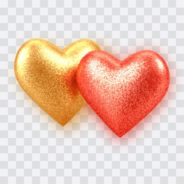 Corazones de globos rojos y dorados realistas en 3D abstractos con textura de brillo aislado en transparente.