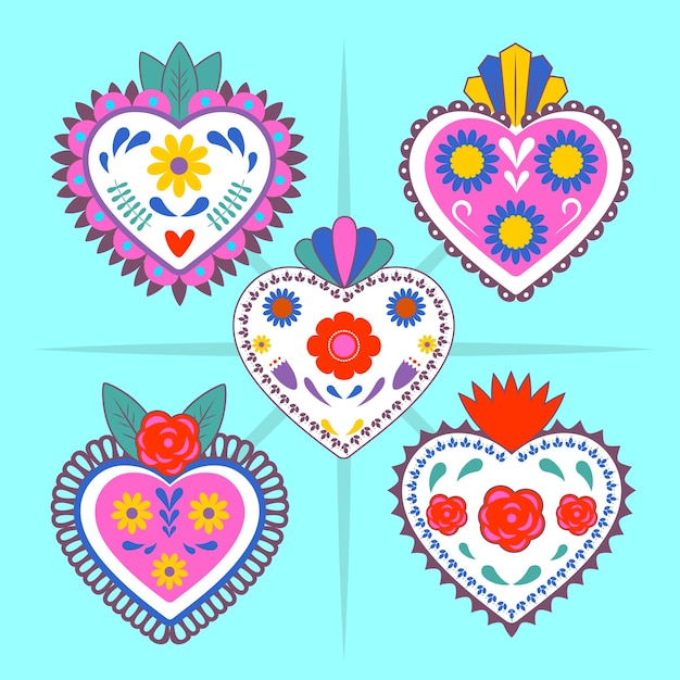 Vector los corazones de hojalata mexicanos establecen las tradiciones artesanales mexicanas milagritos