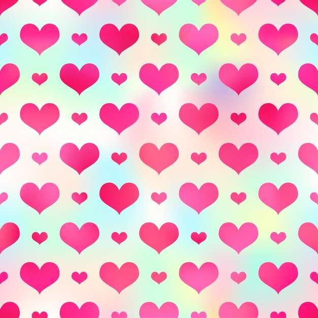 Corazones holográficos brillantes con patrón sin costuras, impresión vectorial de corazón rojo en fondo con gradiente de arco iris