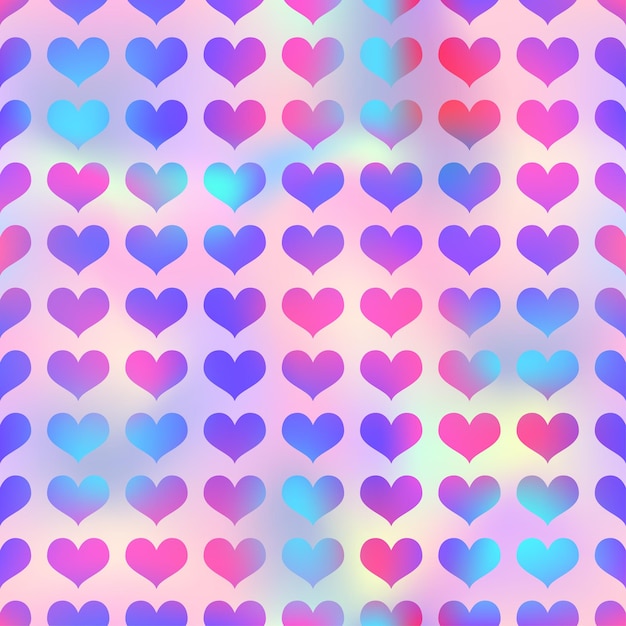 Corazones holográficos brillantes con patrón sin costuras, vector de corazón violeta iridescente impreso en arco iris rosado