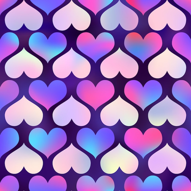 Corazones holográficos brillantes patrón sin costuras Vector impresión de corazón de neón iridescente en fondo violeta Mágica romántica telón de fondo del Día de San Valentín textura de gradiente para decoración saludo boda