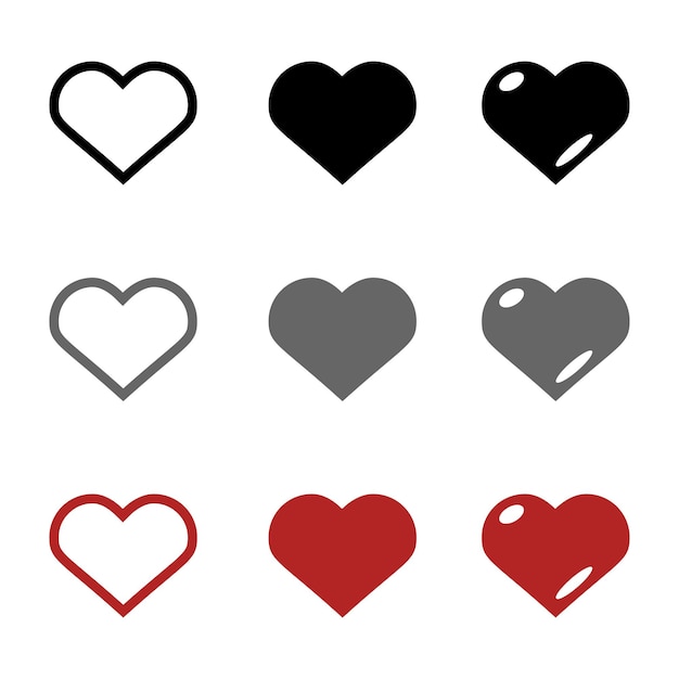 Corazones, iconos vectoriales. Conjunto de iconos vectoriales corazones en negro, rojo y gris.