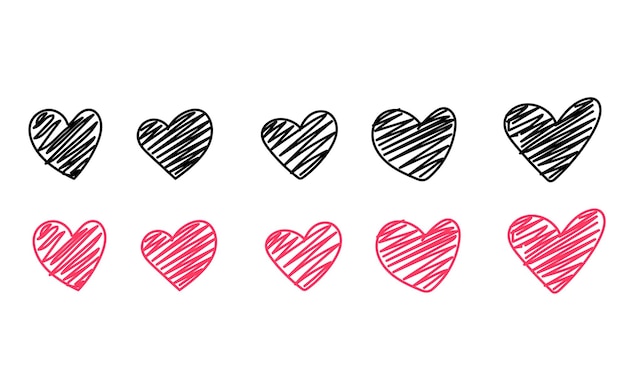 Corazones de línea de doodle dibujados a mano Colección de símbolos de amor dibujados a mano Conjunto de corazón ilustrado Grunge