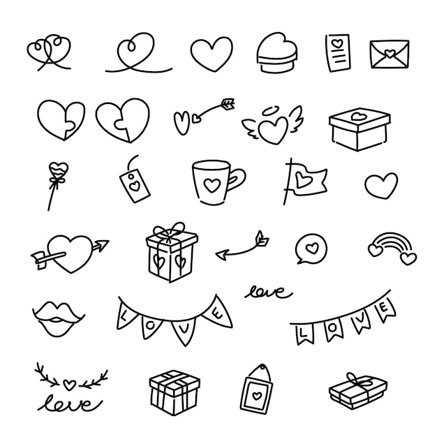 Corazones de línea de doodle dibujados a mano Colección de símbolos de amor dibujados a mano Conjunto de corazón ilustrado Grunge