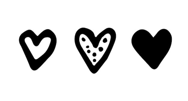 Corazones negros set doodle ilustración vectorial aislado sobre fondo blanco