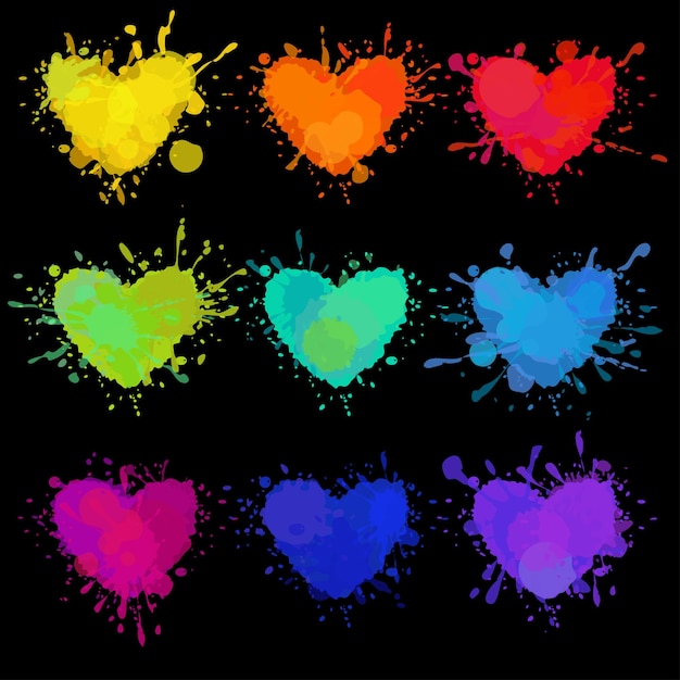 Corazones de neón de colores sobre fondo negro. conjunto de nueve corazones vectoriales con manchas de pintura y salpicaduras