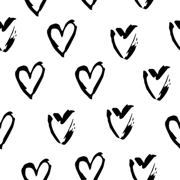 Corazones de patrones sin fisuras vector blanco y negro. Ilustraciones de símbolo de amor a mano alzada sobre fondo blanco.
