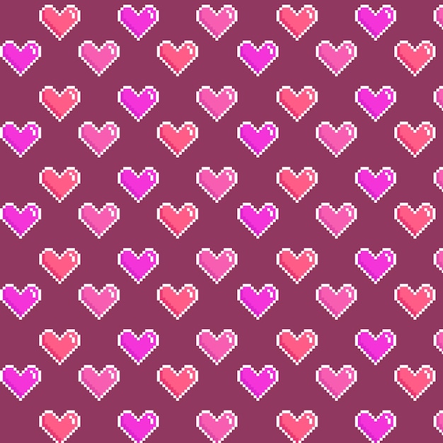 Corazones de píxeles en rosa, rojo y morado con patrón editable de contorno blanco