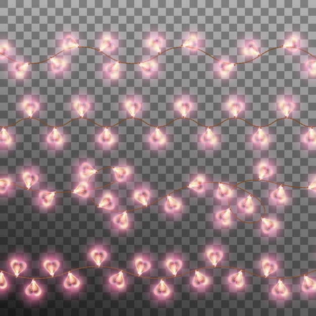 Corazones queridos guirnalda de luces sobre fondo transparente. Y también incluye
