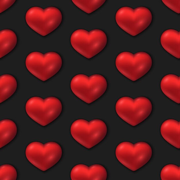 Corazones rojos en 3D con patrón sin costuras vectorial Corazones con gradiente brillante sobre fondo negro