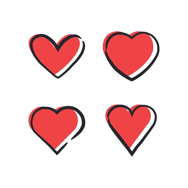 Corazones rojos con borde de línea dibujados a mano iconos de corazones garabateados