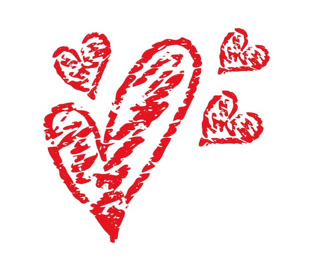 Los corazones rojos dibujados con tiza, los corazones dibujados a mano con lápiz, el corazón con carbón, el símbolo del amor, el diseño vectorial.