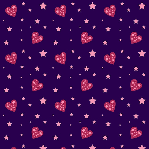 Corazones rojos con estrellas rosadas de patrones sin fisuras aisladas sobre fondo azul oscuro Concepto de amor Ilustración vectorial