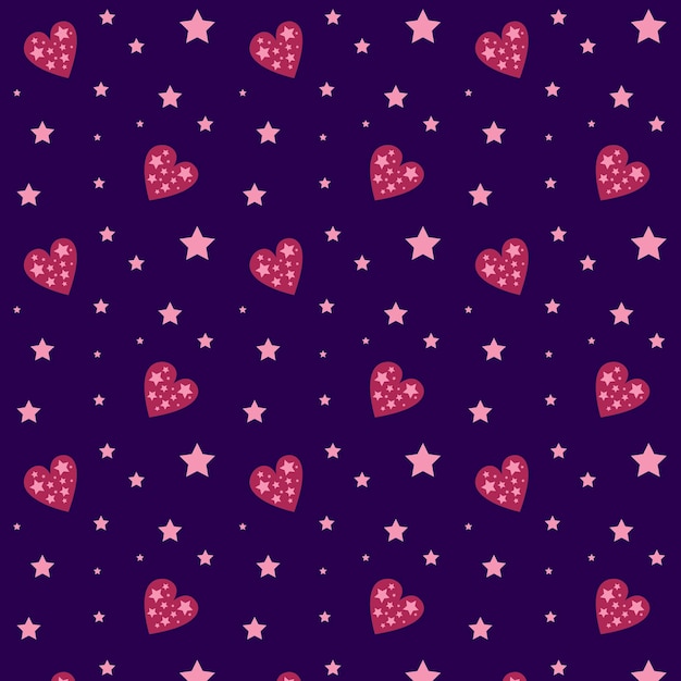 Corazones rojos con estrellas rosadas de patrones sin fisuras aisladas sobre fondo azul oscuro Concepto de amor Ilustración vectorial