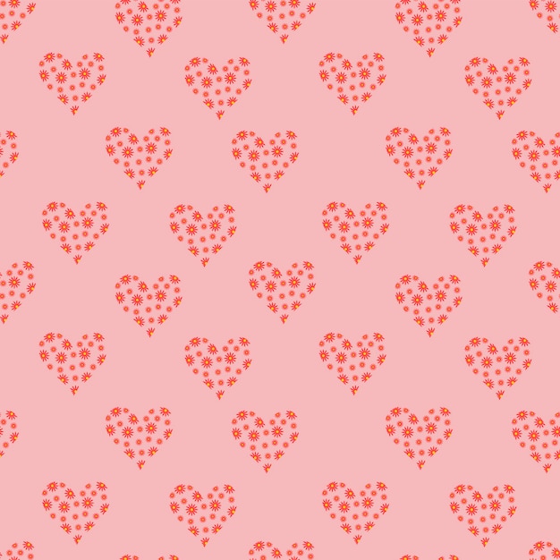 Corazones rojos con patrón de flores en fondo rosa y rojo Gráfico vectorial