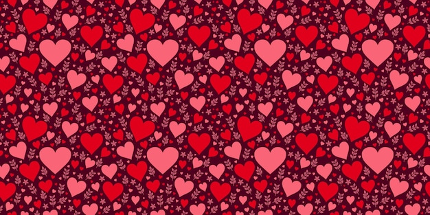 Corazones rojos y rosados y patrones florales sin costuras para diseños románticos