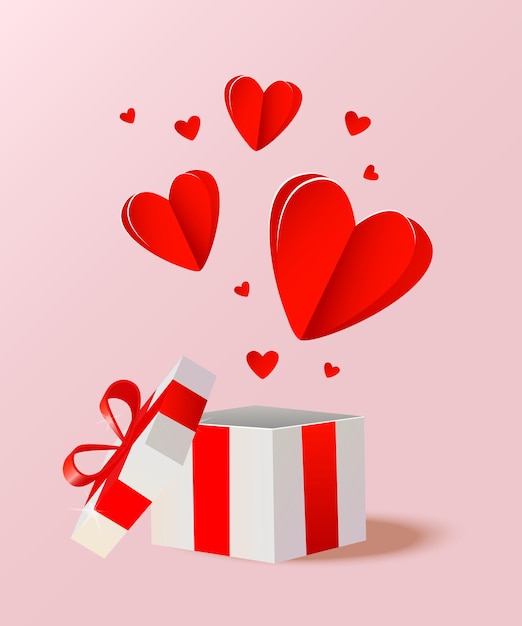 Los corazones rojos vuelan de la caja de regalos Valentines fondo de saludo