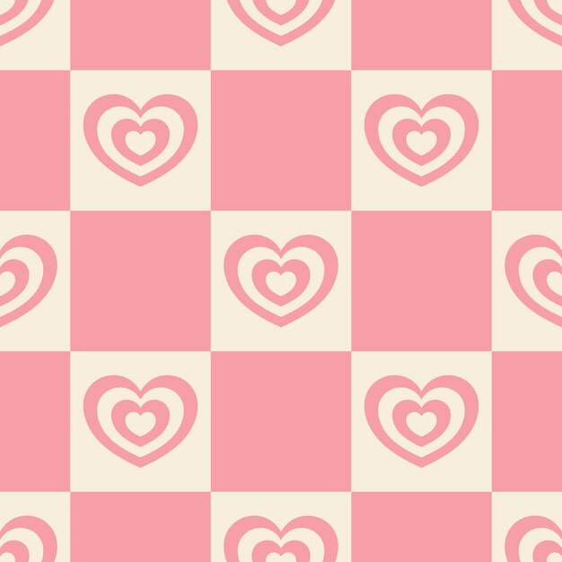 Corazones rosados y beige en fondo a cuadros patrón sin costuras vectorial en colores pastel retro suaves