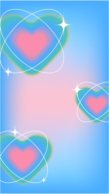 Corazones rosados rodeados de anillos brillantes y chispas en un fondo azul y rosa gradiente