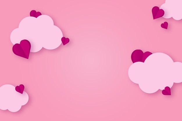 Corazones rosas cortados en papel con nubes sobre un fondo rosa