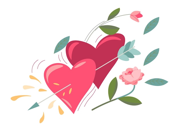 Corazones y rosas en flor, flores y flechas. tarjeta romántica aislada para el saludo y la celebración del día de san valentín. felicitaciones y regalos. expresión de amor de ocasión especial. vector en plano