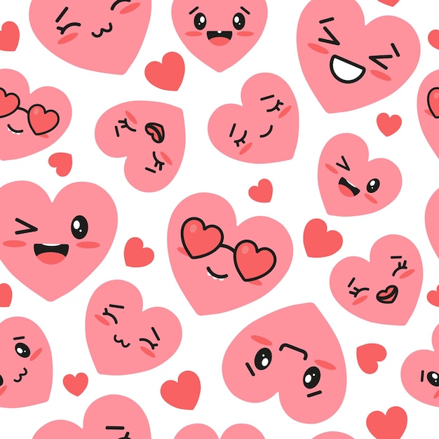 Corazones rosas Kawaii de patrones sin fisuras. ilustración vectorial