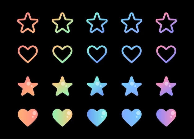 Corazones suaves gradientes y estrellas en negrita y variantes de líneas botones formas signos y símbolos brillantes
