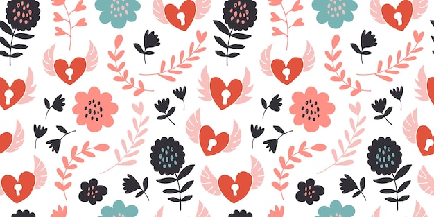 Corazones voladores con patrón sin costuras dibujados a mano corazones cerraduras flores hojas polcas ilustraciones de amor