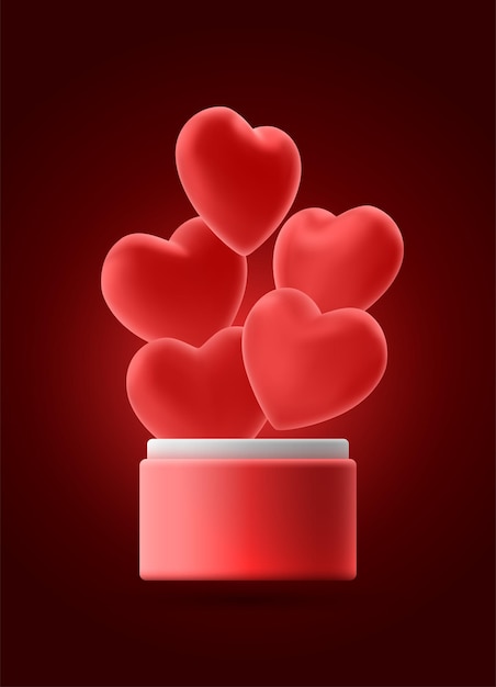 Los corazones volumétricos rojos vuelan fuera de la caja abierta en el fondo oscuro aislado vector realista d