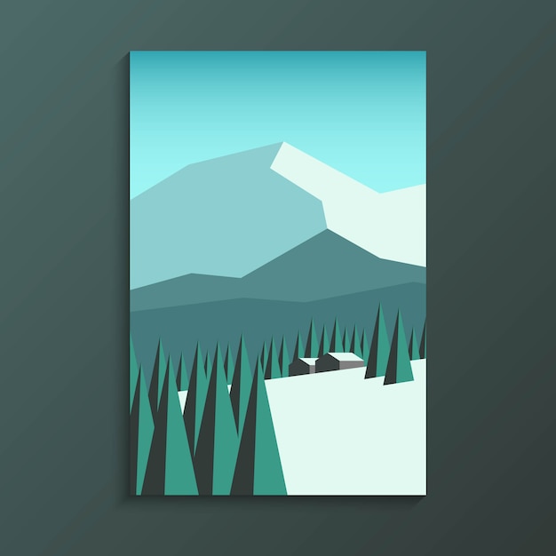 Cordillera con bosque de pinos en un estilo de vista de paisaje minimalista y pequeña cabaña