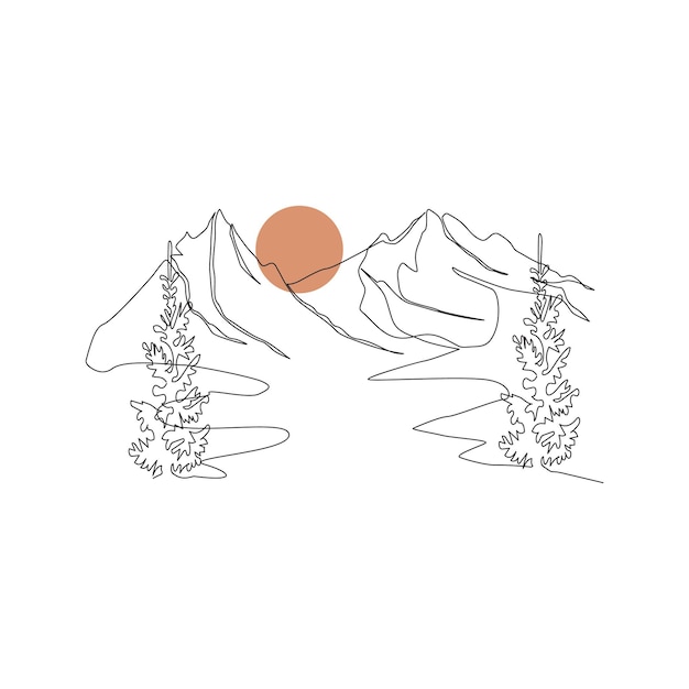 cordillera continua dibujo de una línea dibujo simple de montañas y sol
