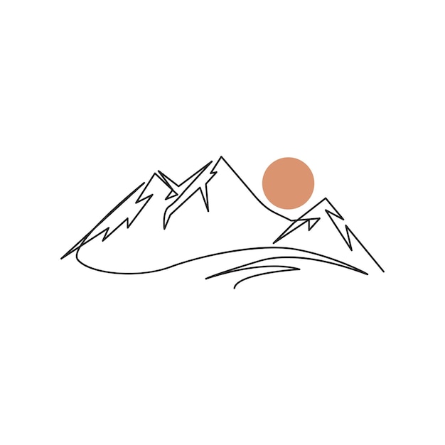 cordillera continua dibujo de una línea dibujo simple de montañas y sol