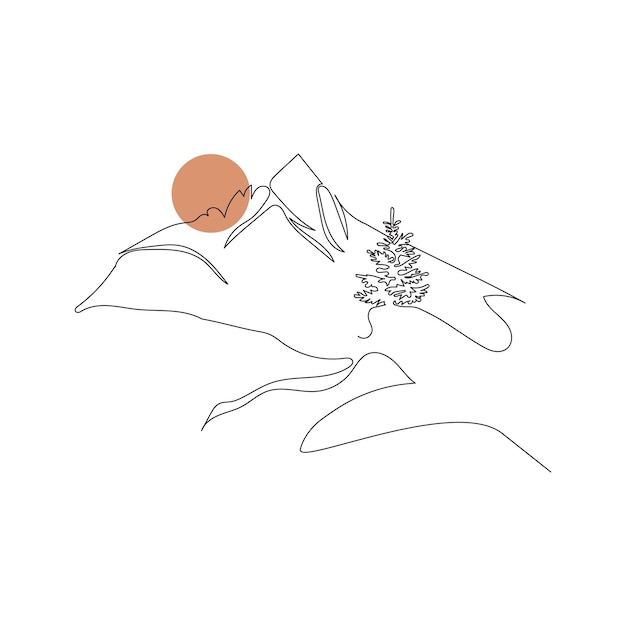 cordillera continua dibujo de una línea dibujo simple de montañas y sol