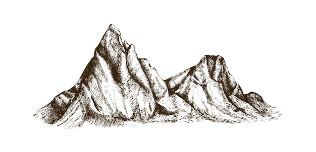 Cordillera de la montaña o rango dibujado a mano con líneas de contorno sobre fondo blanco. Elegante dibujo vintage de acantilado rocoso, pico o relieve natural. Ilustración de vector monocromo en estilo retro grabado.