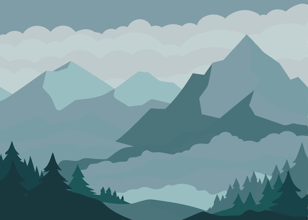 una cordillera con pinos y montañas en el fondo