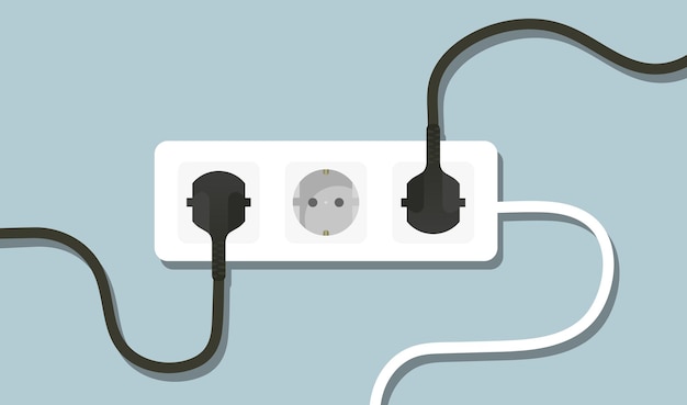 Cordón de extensión con tres tomas Ilustración de cables de conexión eléctrica Seguridad de aislamiento Icono vectorial para negocios y publicidad