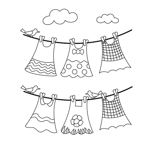 Cordón de la ropa con vestidos colgantes y pájaros en un día soleado