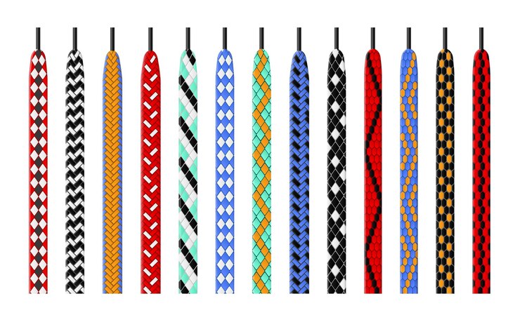 Vector cordones estampados opciones de color combinadas atan cuerdas de zapatos con patrones coloridos tejidos variados cordones calzado elementos de unión textil accesorios para niños para botas conjunto de vectores