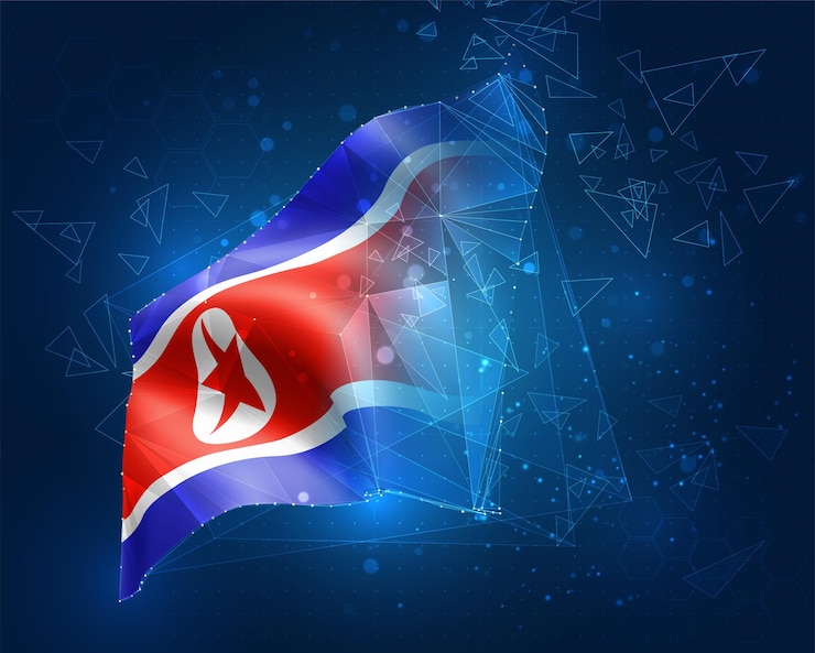 Vector corea, bandera, objeto 3d abstracto virtual de polígonos triangulares sobre un fondo azul.