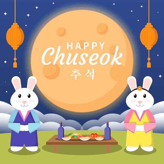 Corea chuseok ilustración con dos conejos usa ropa tradicional corea
