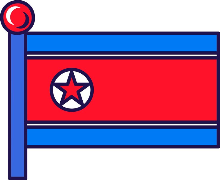 Vector corea del norte país bandera de la nación en el eje de la bandera rayas rojas blancas y azules estrella en el centro del círculo república popular democrática patriótica y simbólica nacional ilustración de caricatura plana