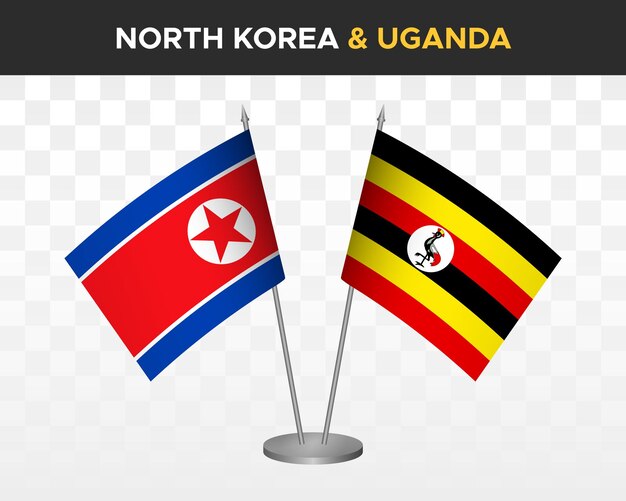 Corea del Norte vs uganda banderas de escritorio maqueta aislado 3d vector ilustración banderas de mesa