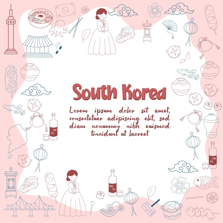 Vector corea del sur dibujó a mano una plantilla de doodle en las redes sociales